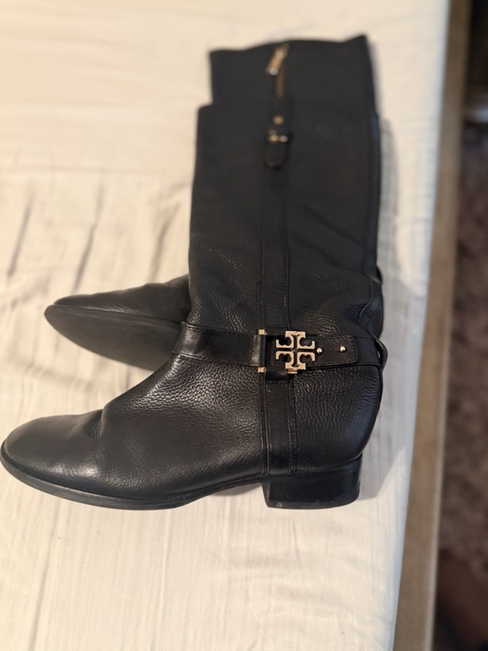 Tory Burch Black Leather Knee-High Combat Boots with Gold Logo